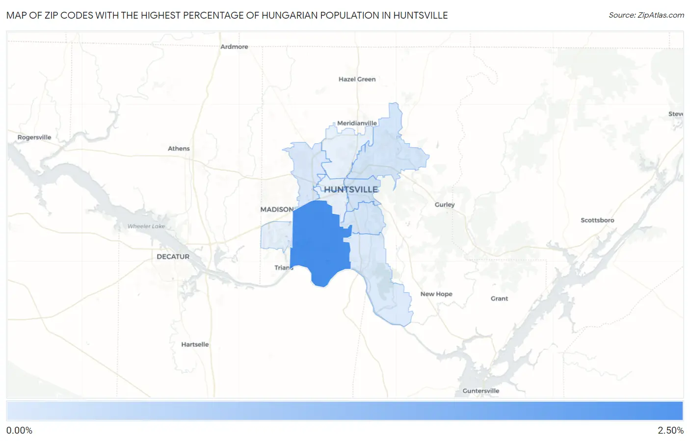 Zip Codes with the Highest Percentage of Hungarian Population in Huntsville Map
