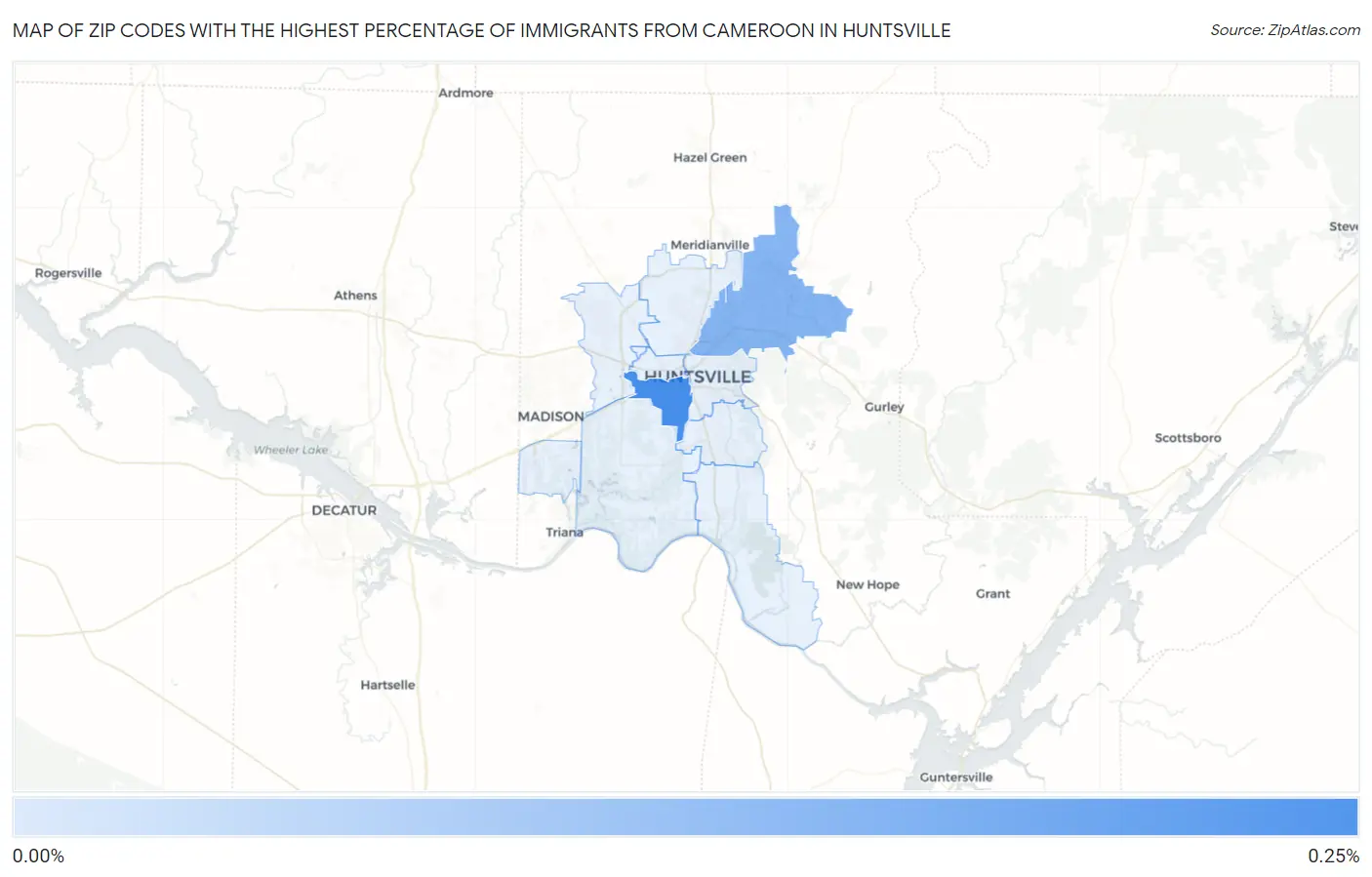 Zip Codes with the Highest Percentage of Immigrants from Cameroon in Huntsville Map
