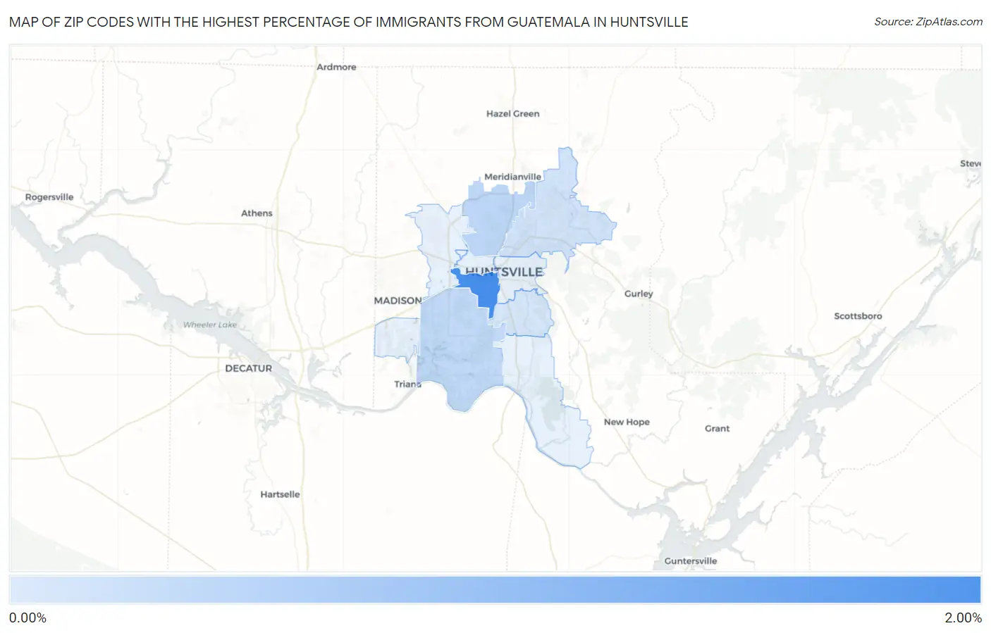 Zip Codes with the Highest Percentage of Immigrants from Guatemala in Huntsville Map