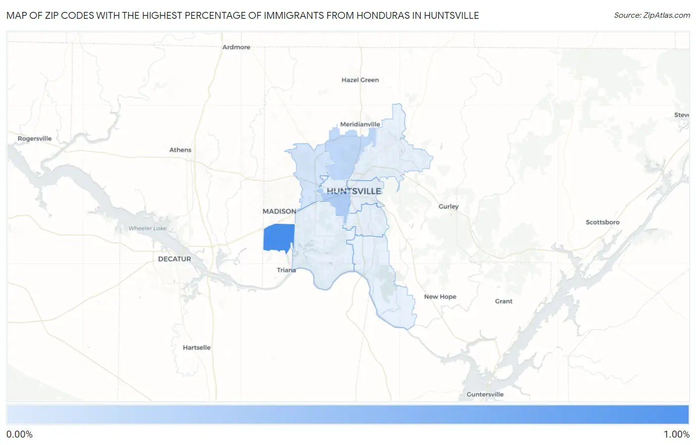 Zip Codes with the Highest Percentage of Immigrants from Honduras in Huntsville Map