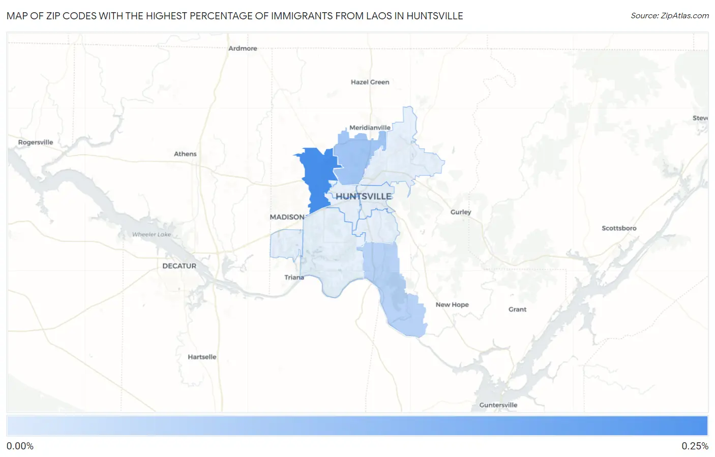 Zip Codes with the Highest Percentage of Immigrants from Laos in Huntsville Map