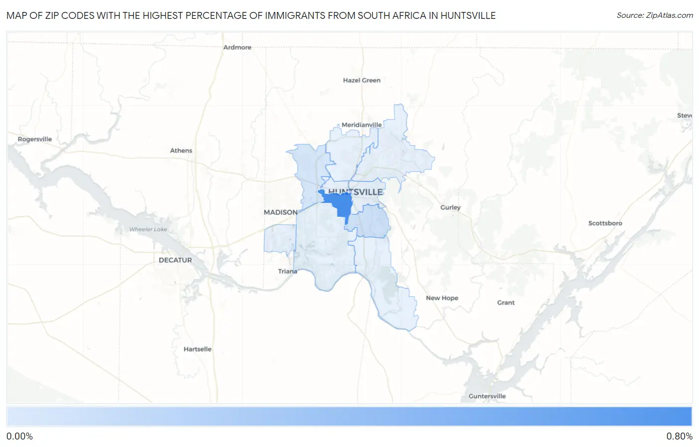 Zip Codes with the Highest Percentage of Immigrants from South Africa in Huntsville Map