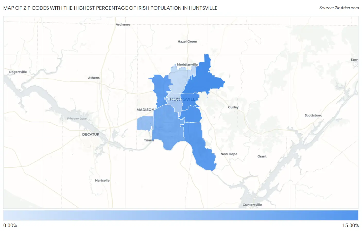 Zip Codes with the Highest Percentage of Irish Population in Huntsville Map
