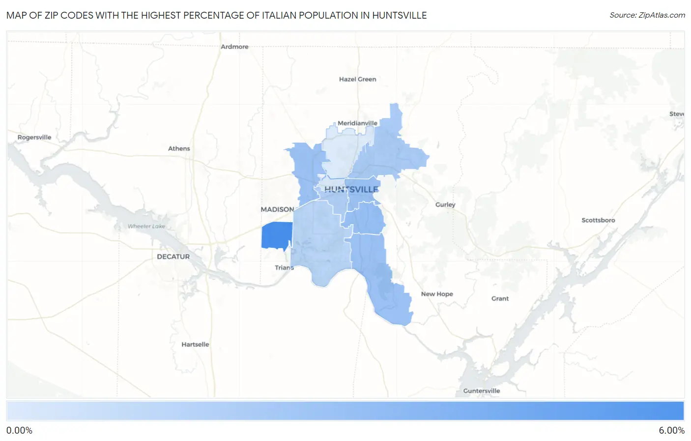 Zip Codes with the Highest Percentage of Italian Population in Huntsville Map
