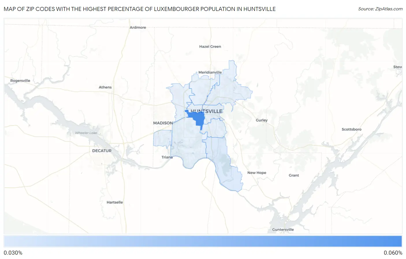 Zip Codes with the Highest Percentage of Luxembourger Population in Huntsville Map