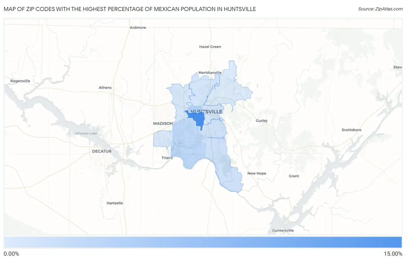 Zip Codes with the Highest Percentage of Mexican Population in Huntsville Map