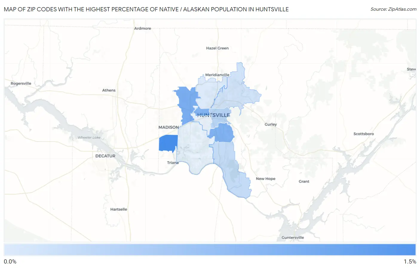 Zip Codes with the Highest Percentage of Native / Alaskan Population in Huntsville Map
