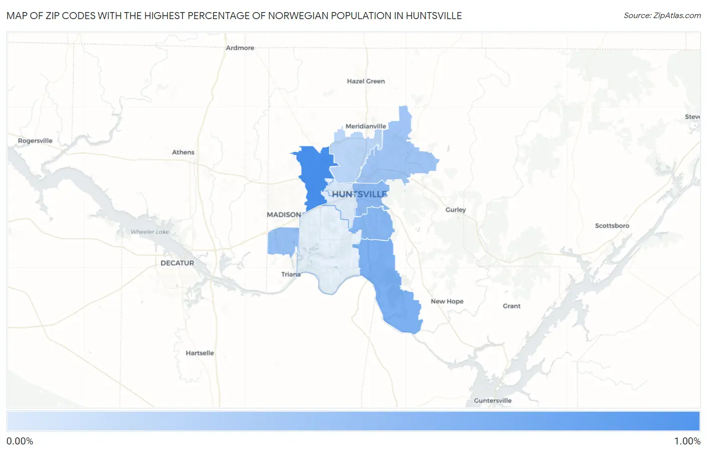 Zip Codes with the Highest Percentage of Norwegian Population in Huntsville Map