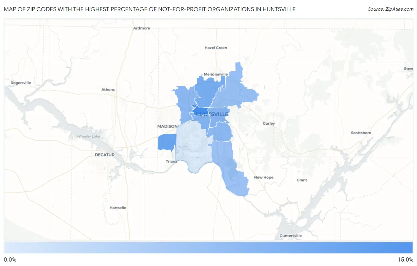 Zip Codes with the Highest Percentage of Not-for-profit Organizations in Huntsville Map