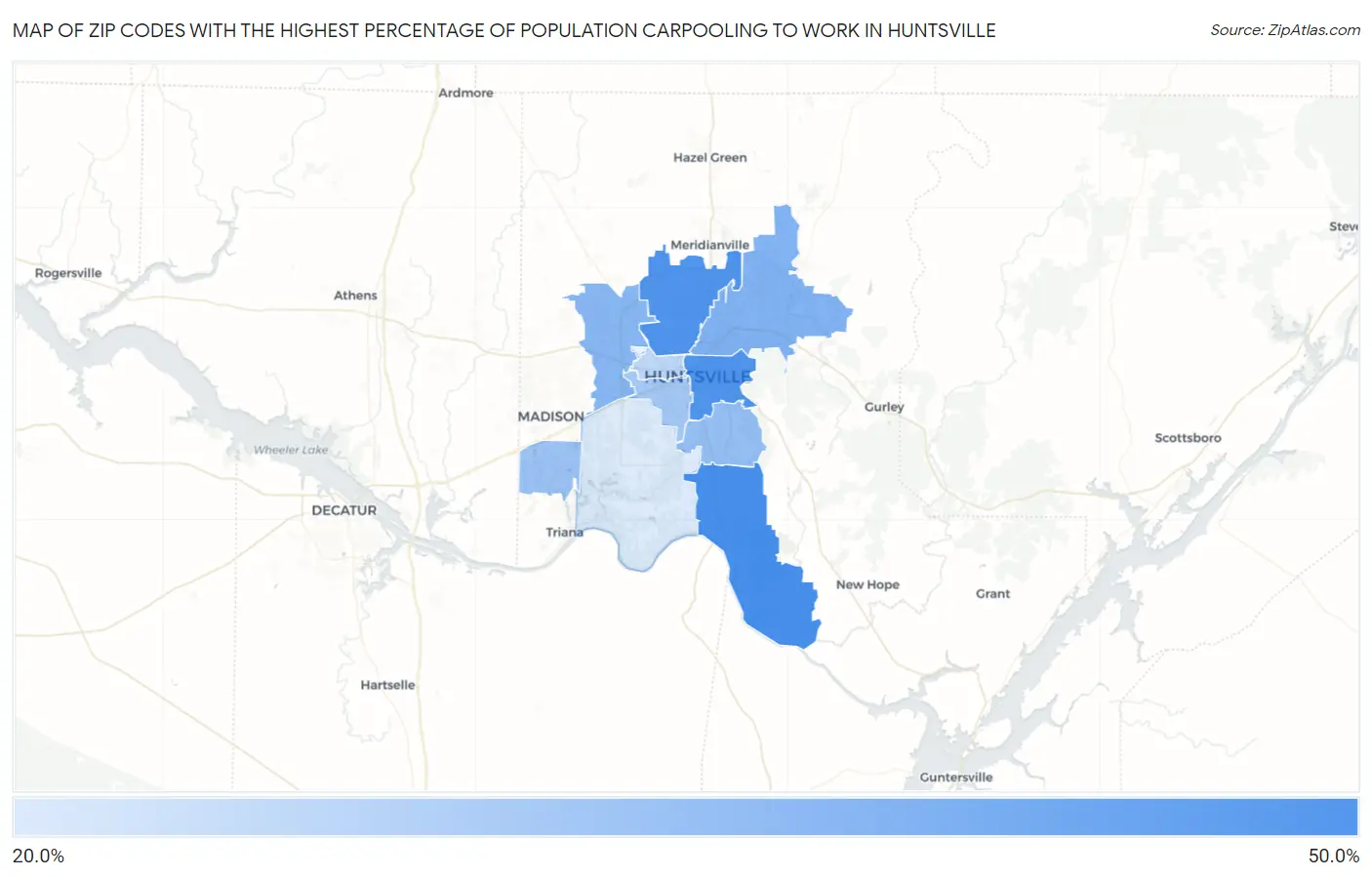 Zip Codes with the Highest Percentage of Population Carpooling to Work in Huntsville Map