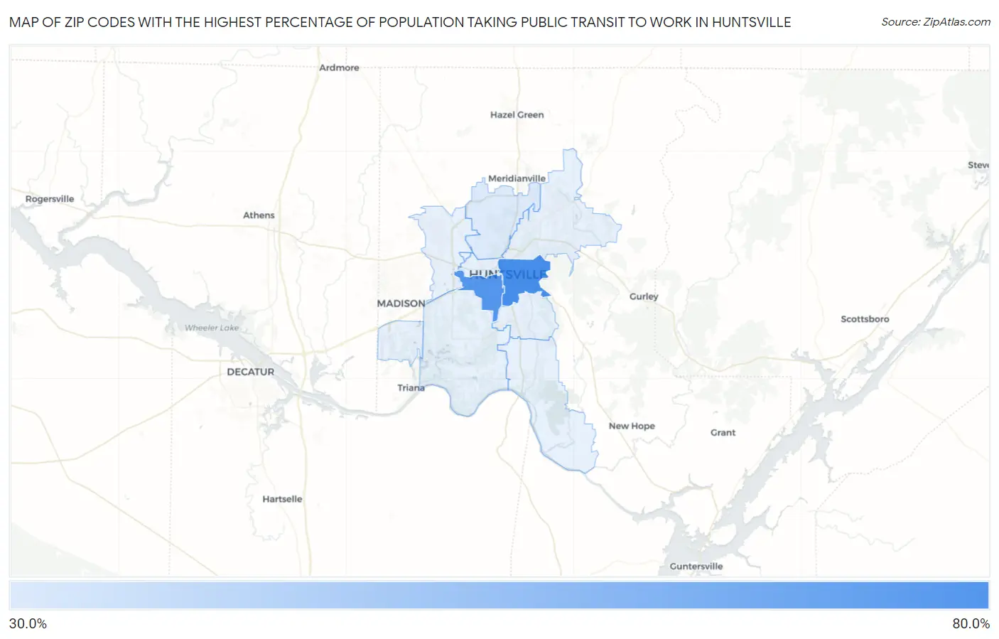 Zip Codes with the Highest Percentage of Population Taking Public Transit to Work in Huntsville Map