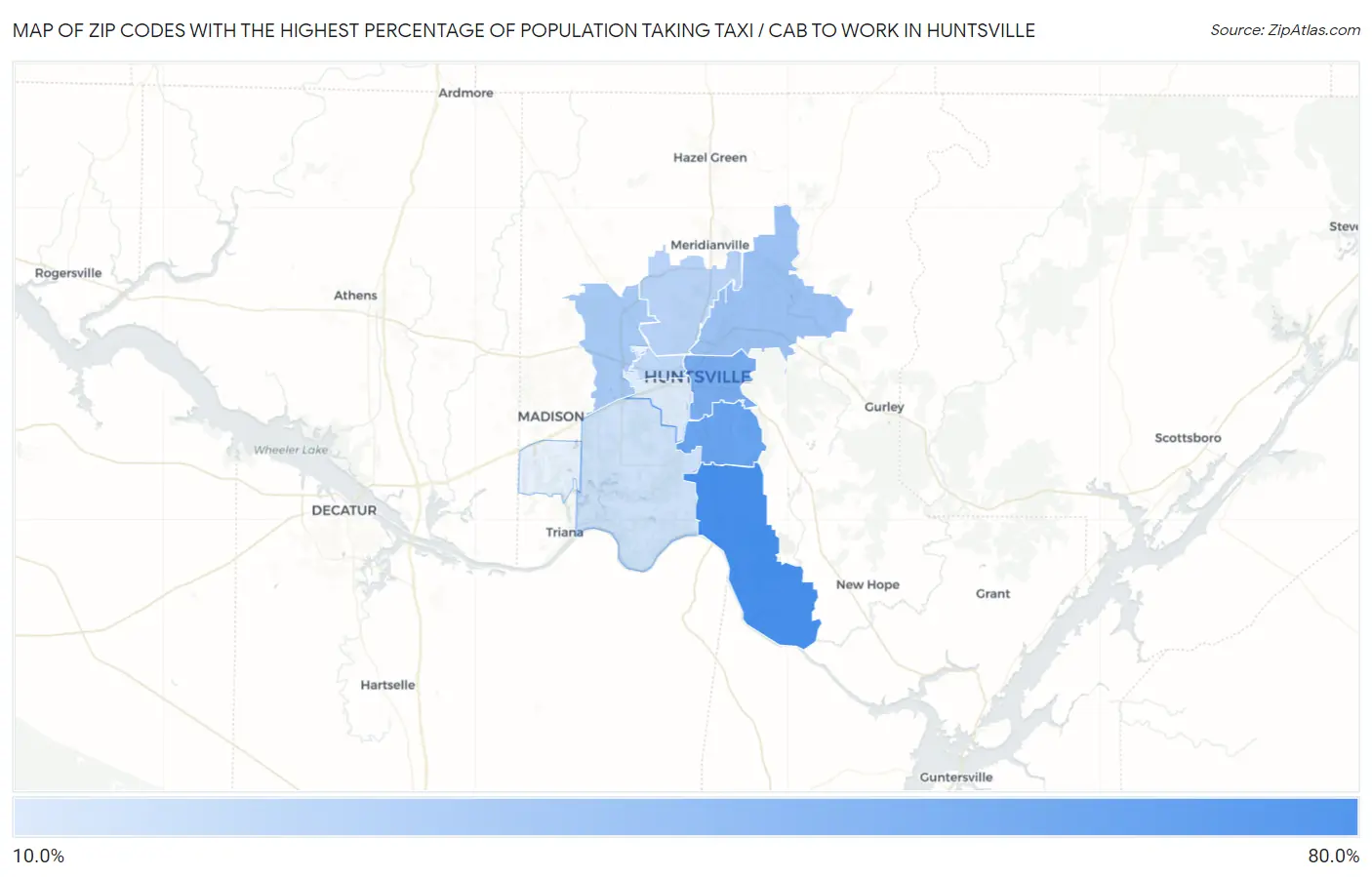 Zip Codes with the Highest Percentage of Population Taking Taxi / Cab to Work in Huntsville Map