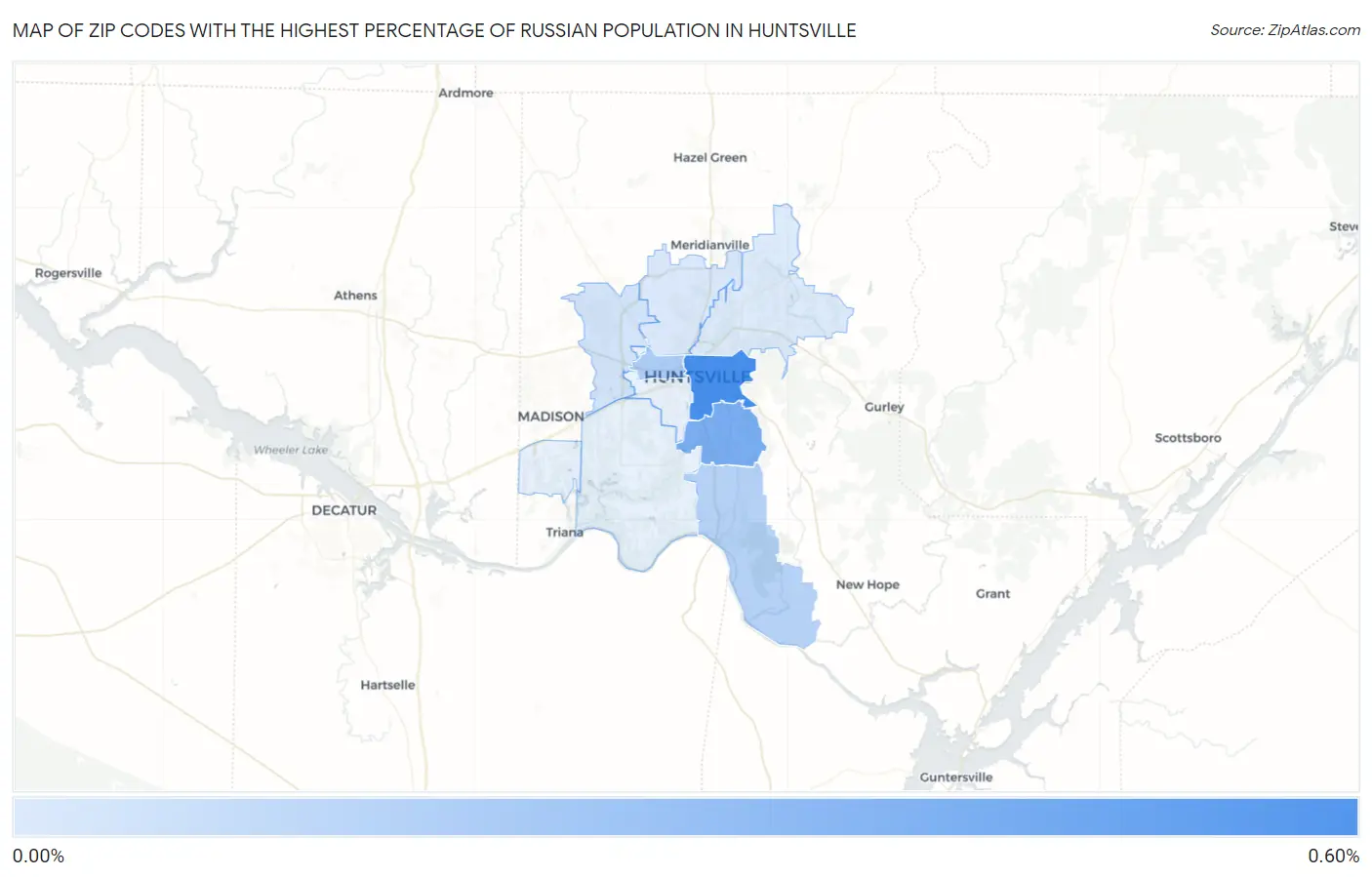 Zip Codes with the Highest Percentage of Russian Population in Huntsville Map