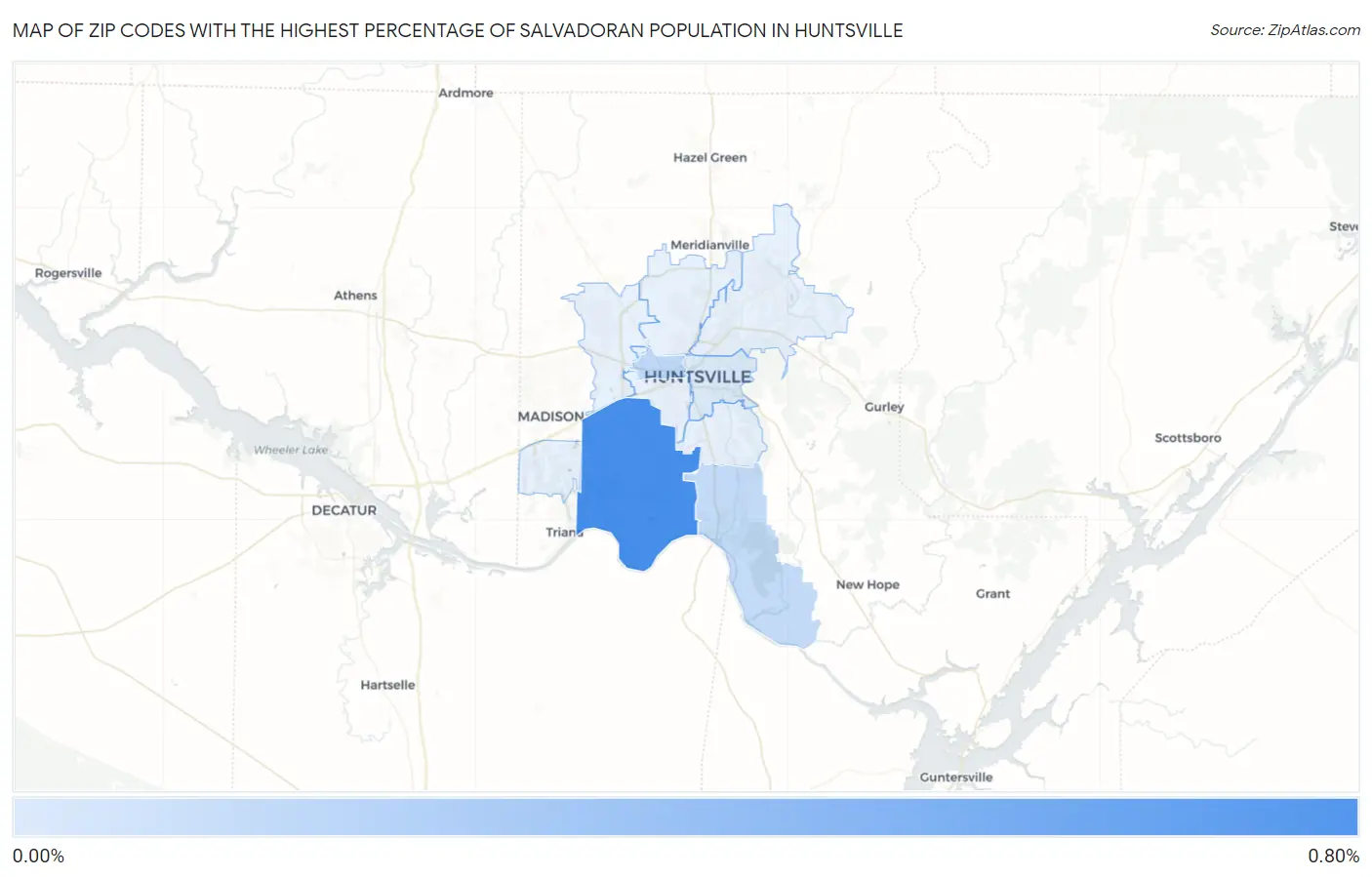 Zip Codes with the Highest Percentage of Salvadoran Population in Huntsville Map