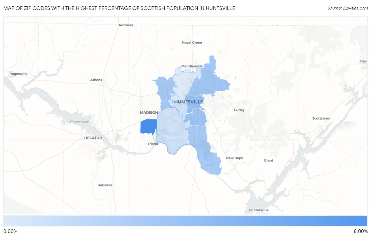 Zip Codes with the Highest Percentage of Scottish Population in Huntsville Map