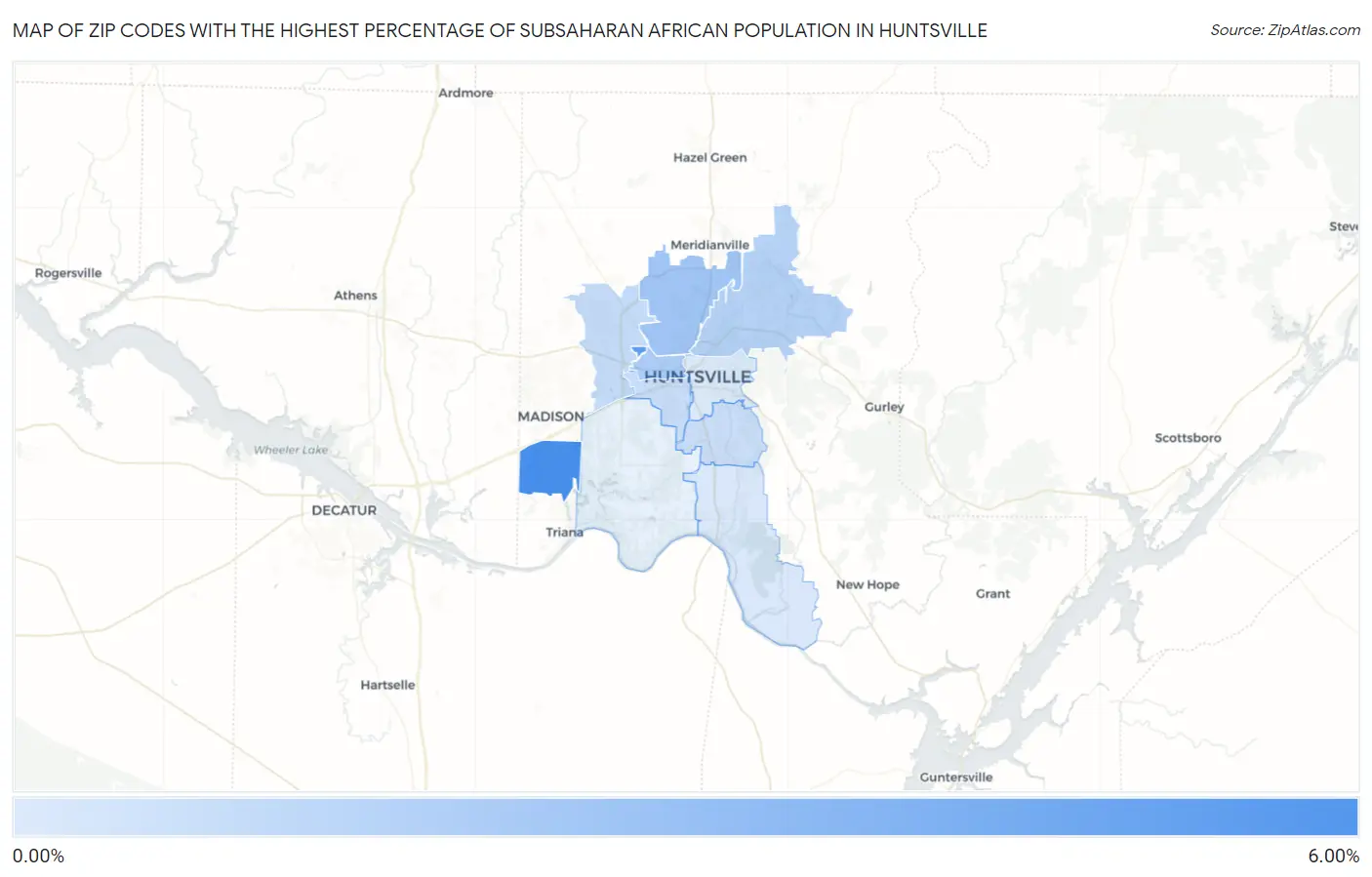 Zip Codes with the Highest Percentage of Subsaharan African Population in Huntsville Map