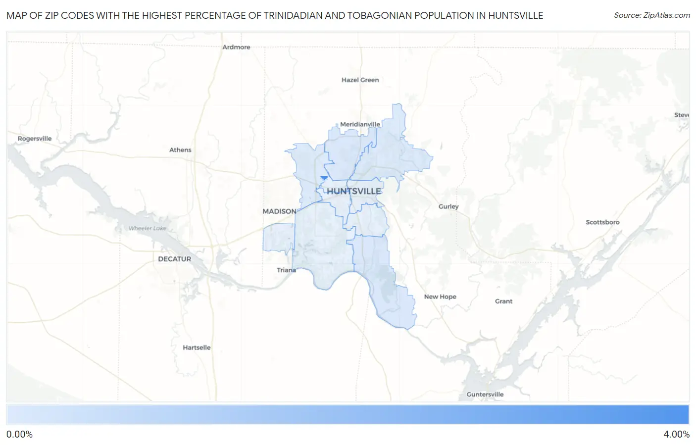 Zip Codes with the Highest Percentage of Trinidadian and Tobagonian Population in Huntsville Map