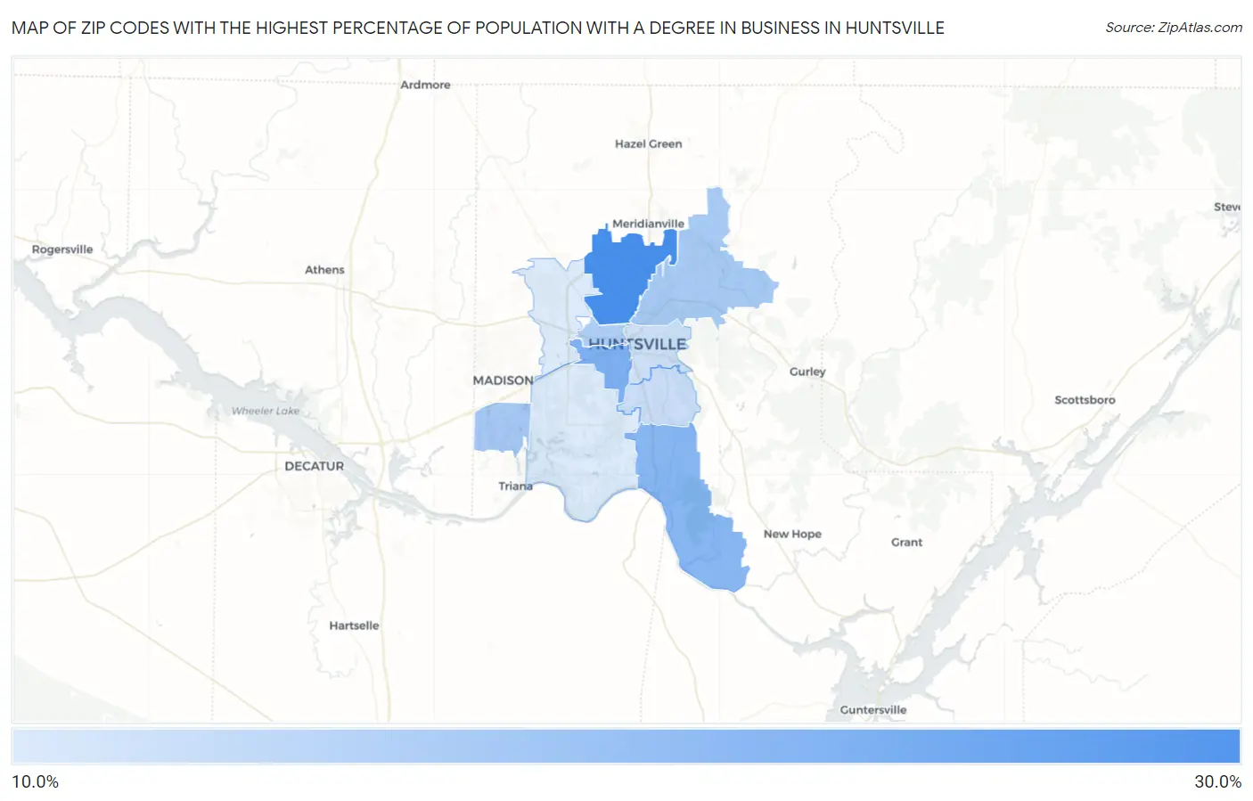 Zip Codes with the Highest Percentage of Population with a Degree in Business in Huntsville Map