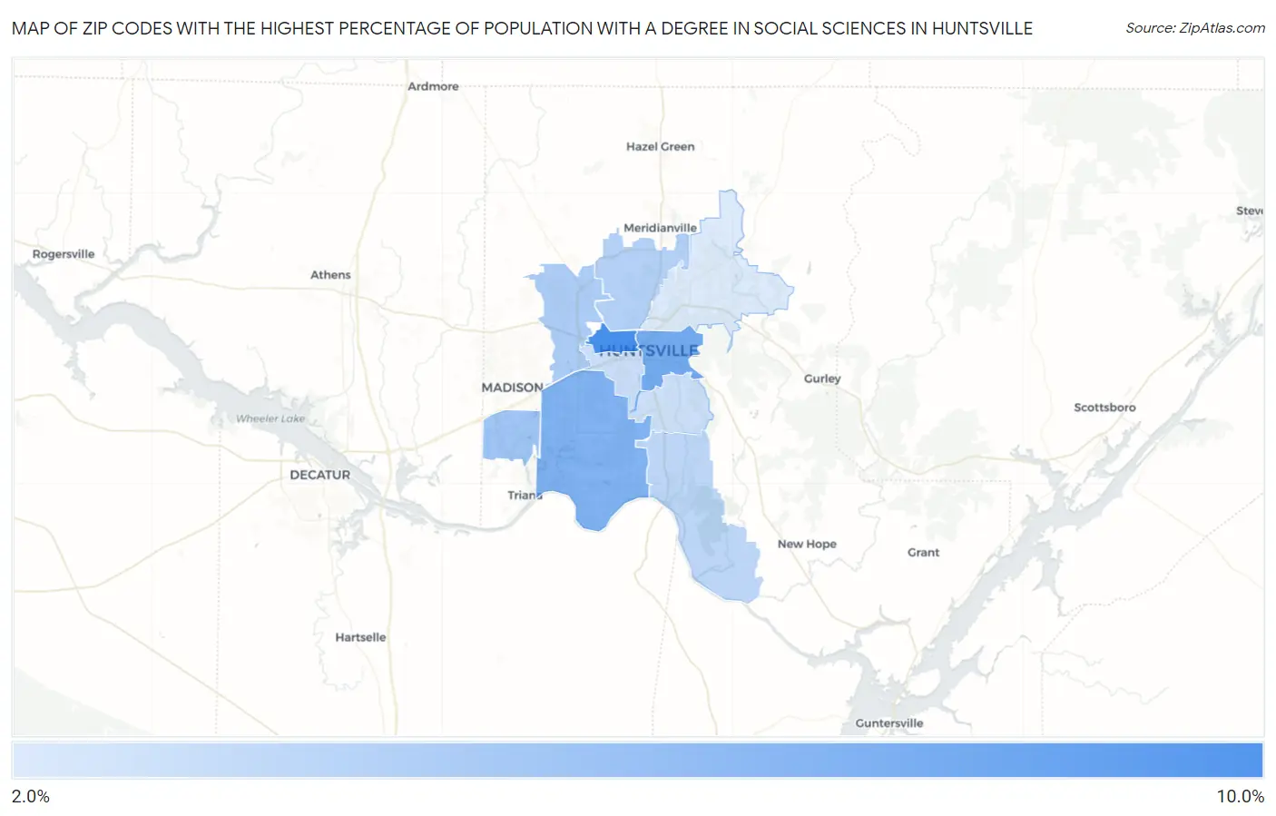 Zip Codes with the Highest Percentage of Population with a Degree in Social Sciences in Huntsville Map