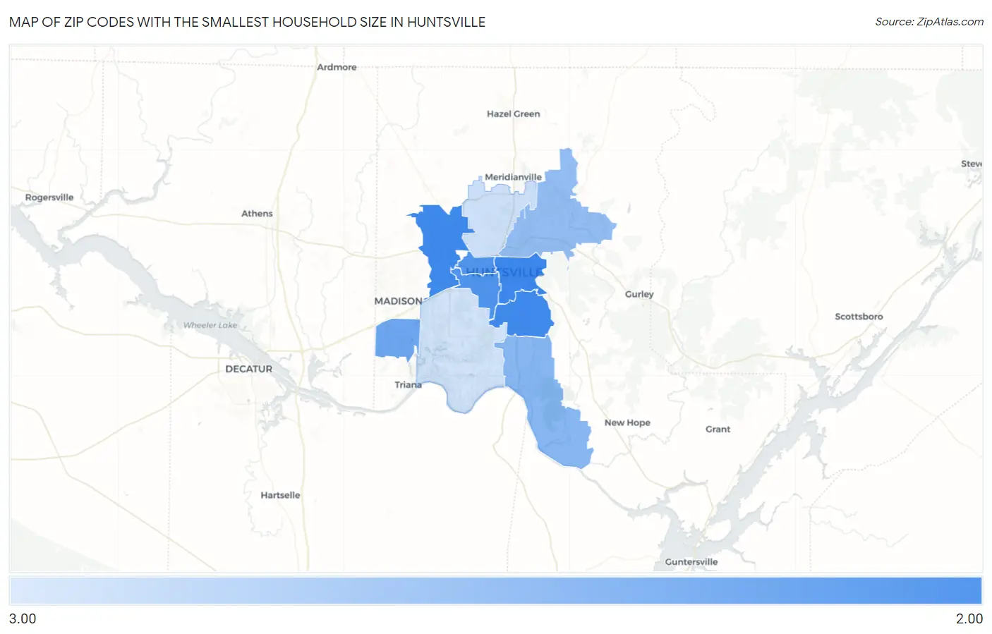 Zip Codes with the Smallest Household Size in Huntsville Map