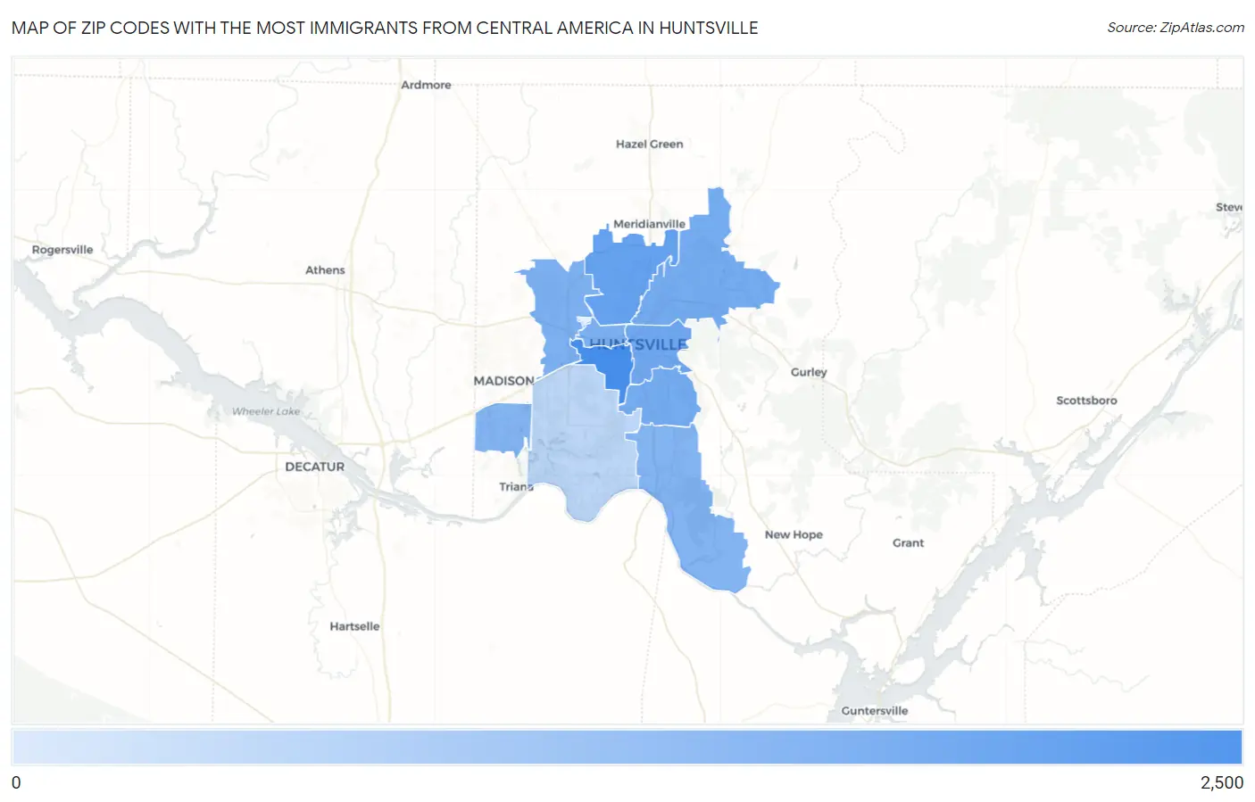 Zip Codes with the Most Immigrants from Central America in Huntsville Map