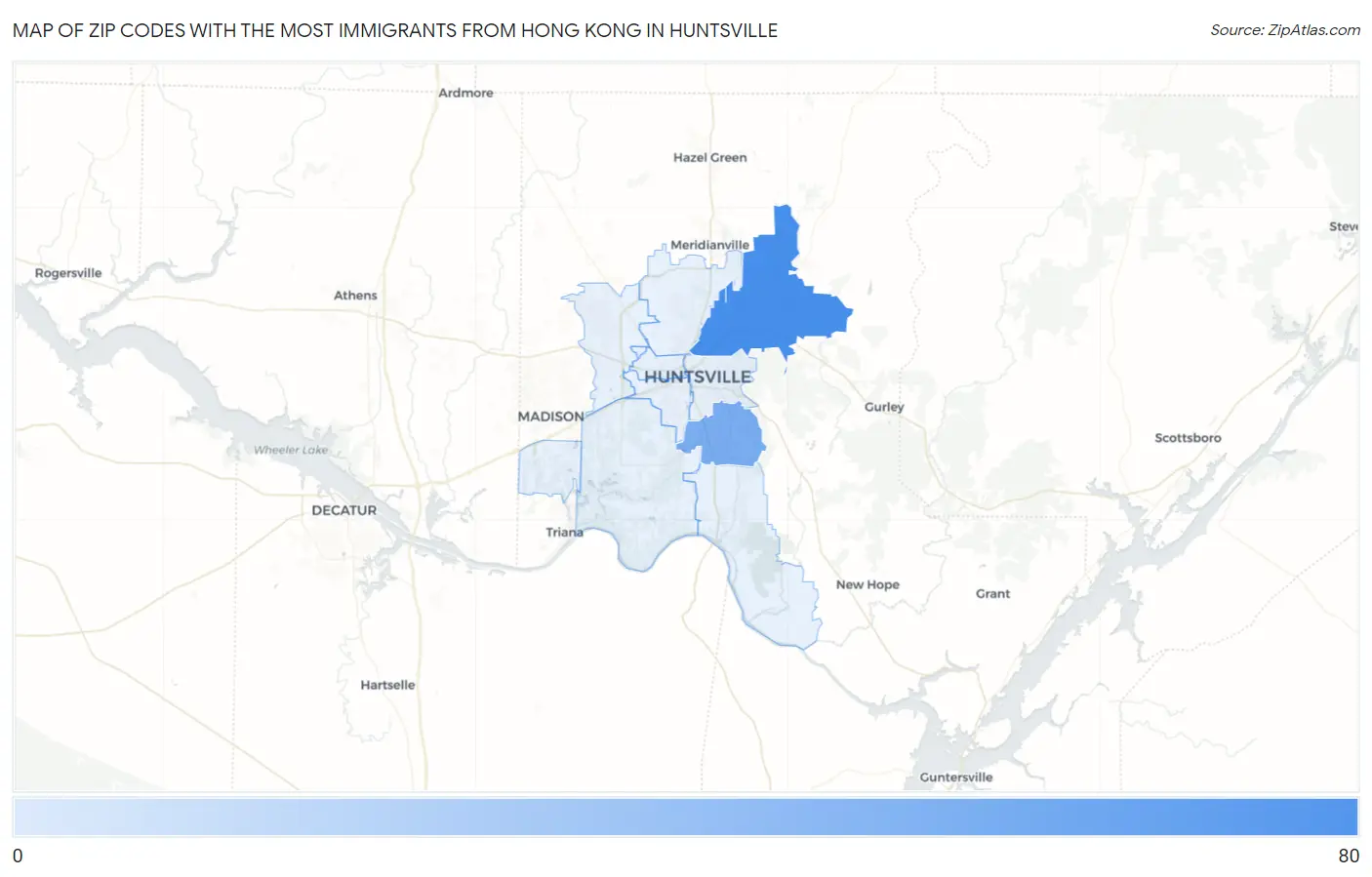 Zip Codes with the Most Immigrants from Hong Kong in Huntsville Map
