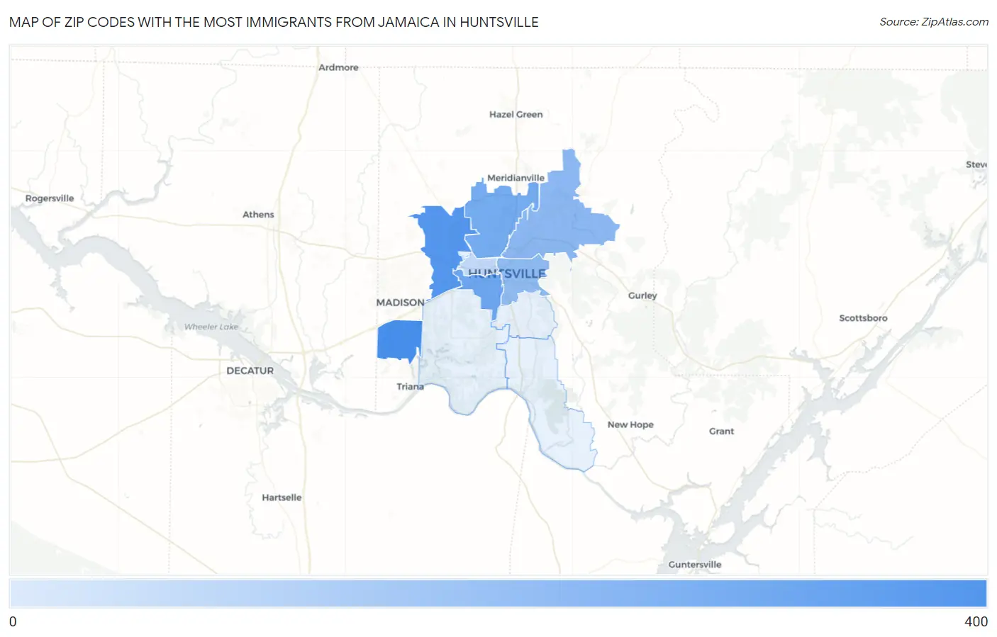 Zip Codes with the Most Immigrants from Jamaica in Huntsville Map