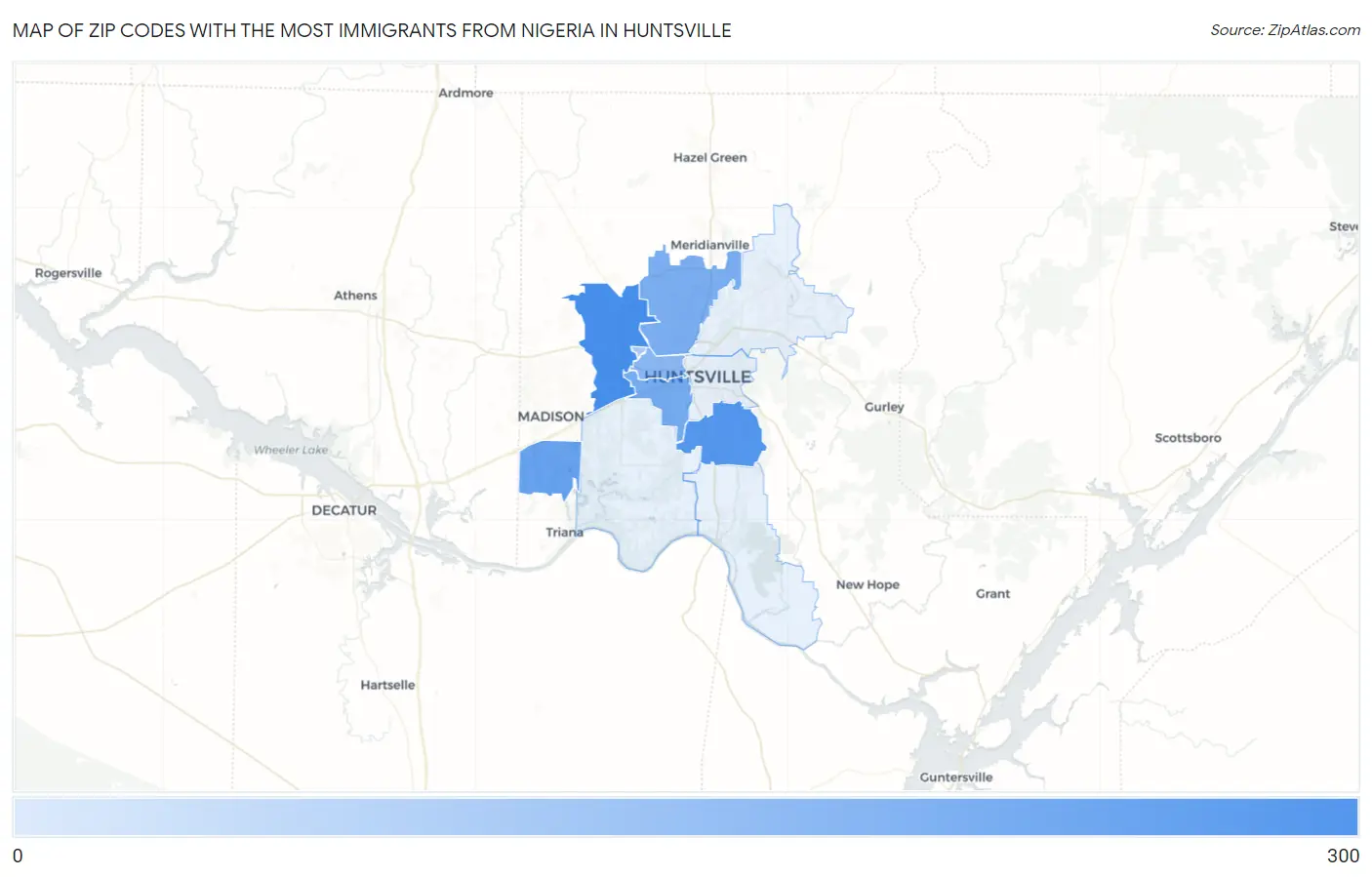 Zip Codes with the Most Immigrants from Nigeria in Huntsville Map