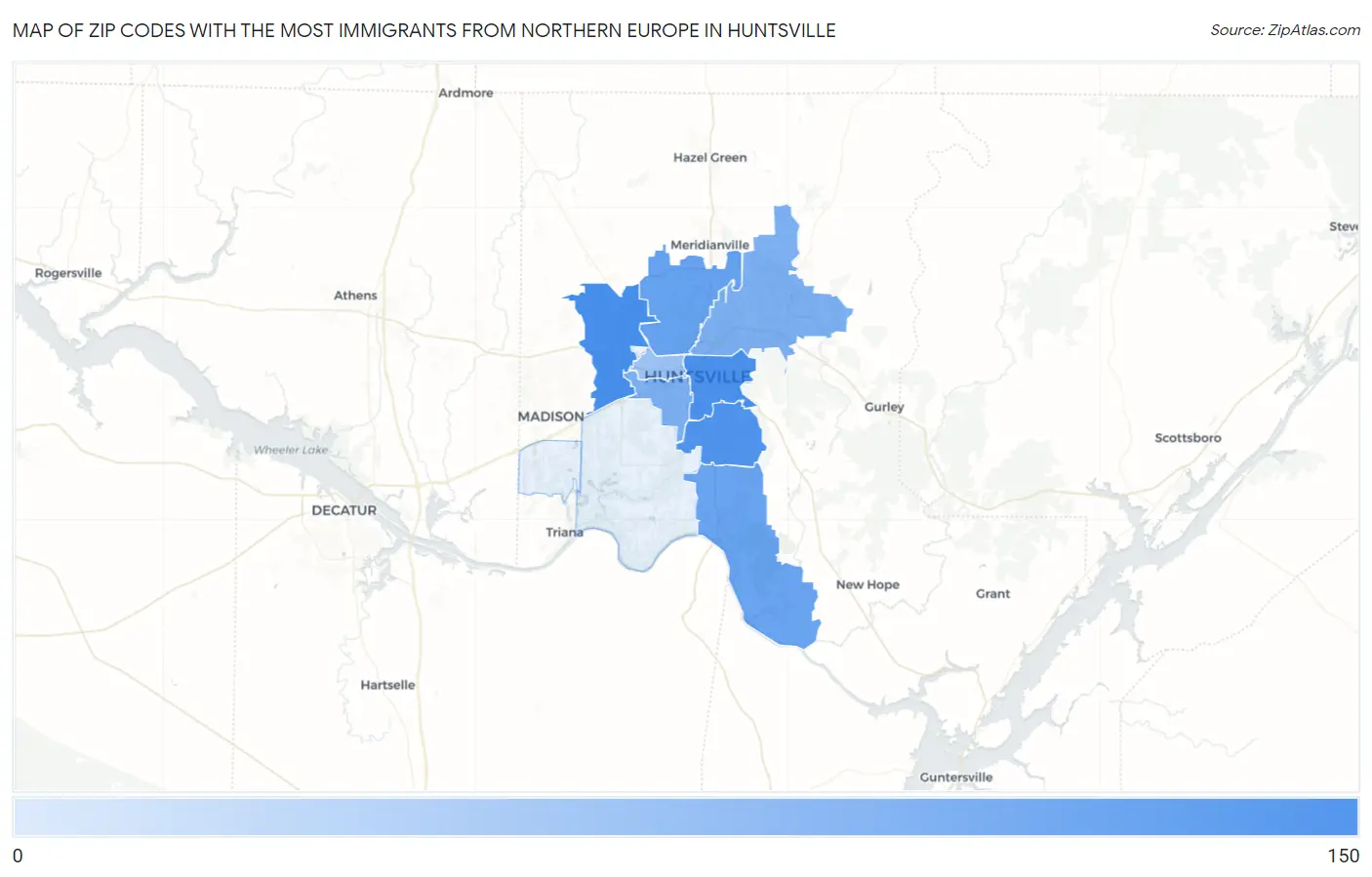 Zip Codes with the Most Immigrants from Northern Europe in Huntsville Map