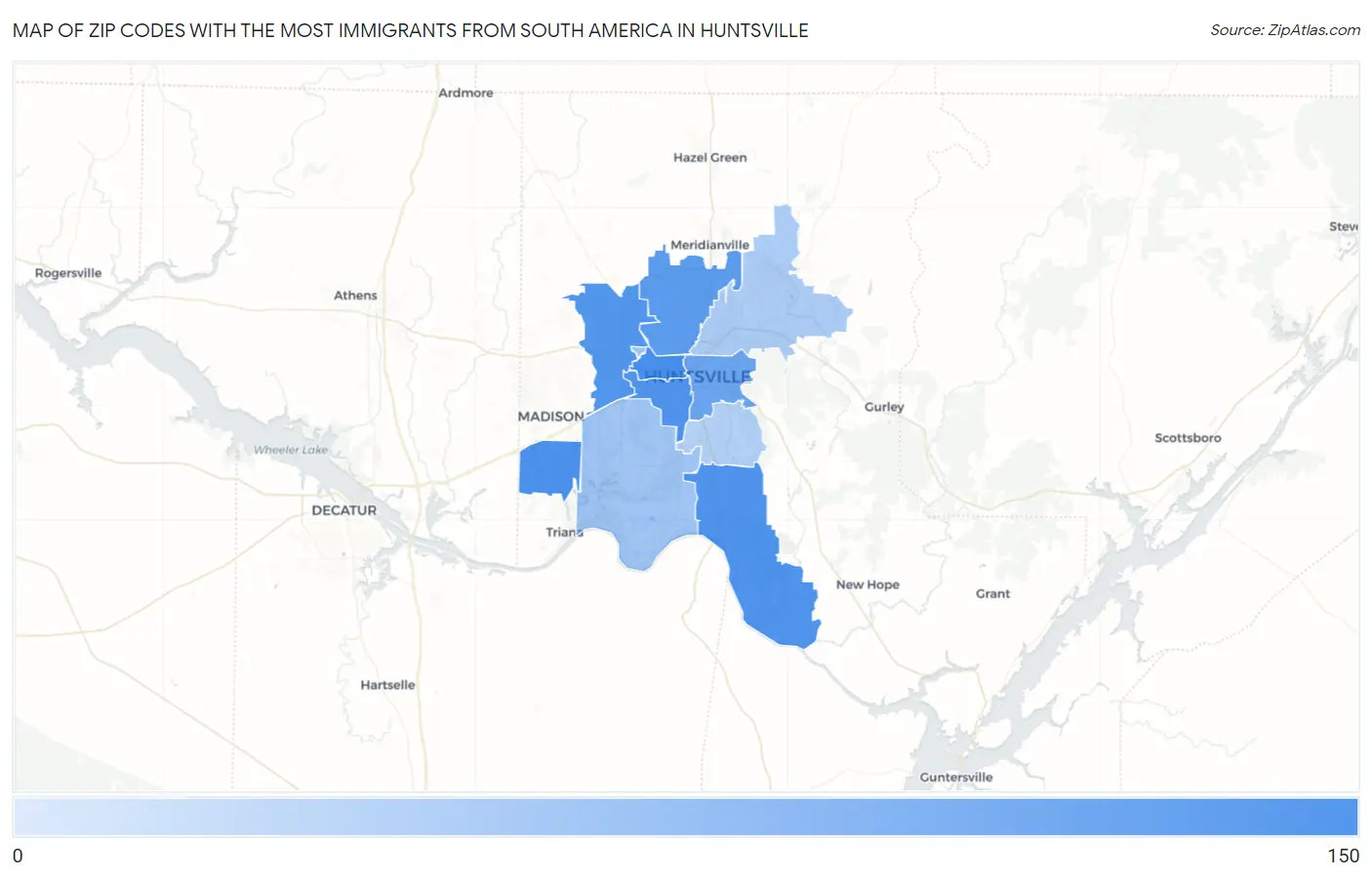Zip Codes with the Most Immigrants from South America in Huntsville Map