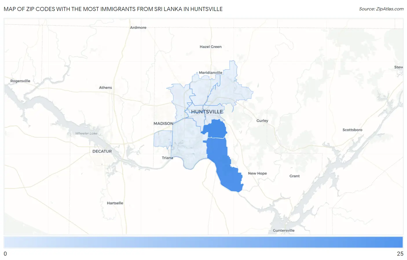 Zip Codes with the Most Immigrants from Sri Lanka in Huntsville Map
