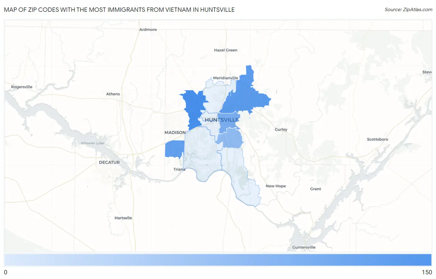 Zip Codes with the Most Immigrants from Vietnam in Huntsville Map