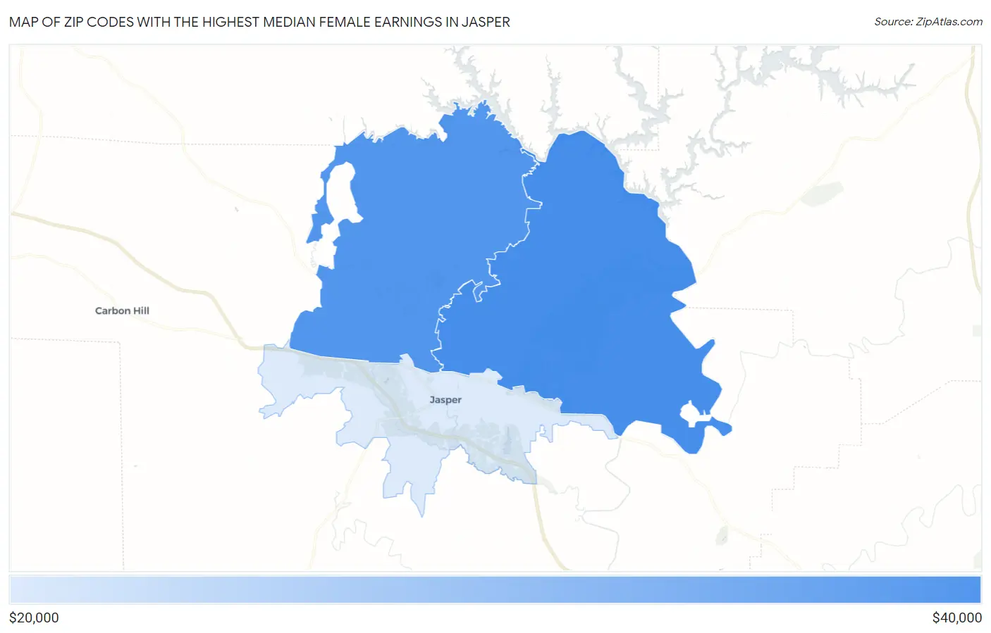 Zip Codes with the Highest Median Female Earnings in Jasper Map