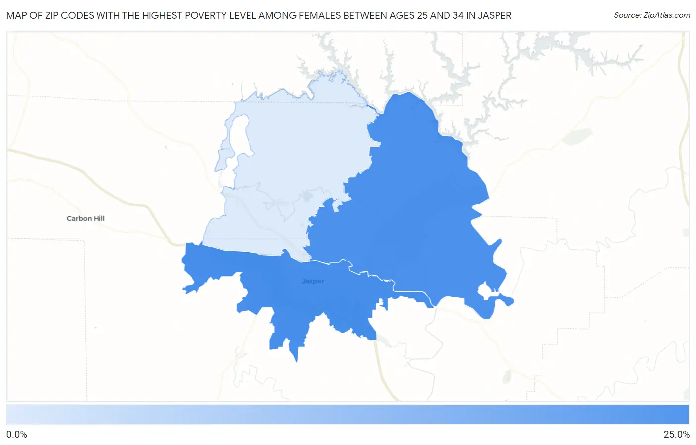 Zip Codes with the Highest Poverty Level Among Females Between Ages 25 and 34 in Jasper Map