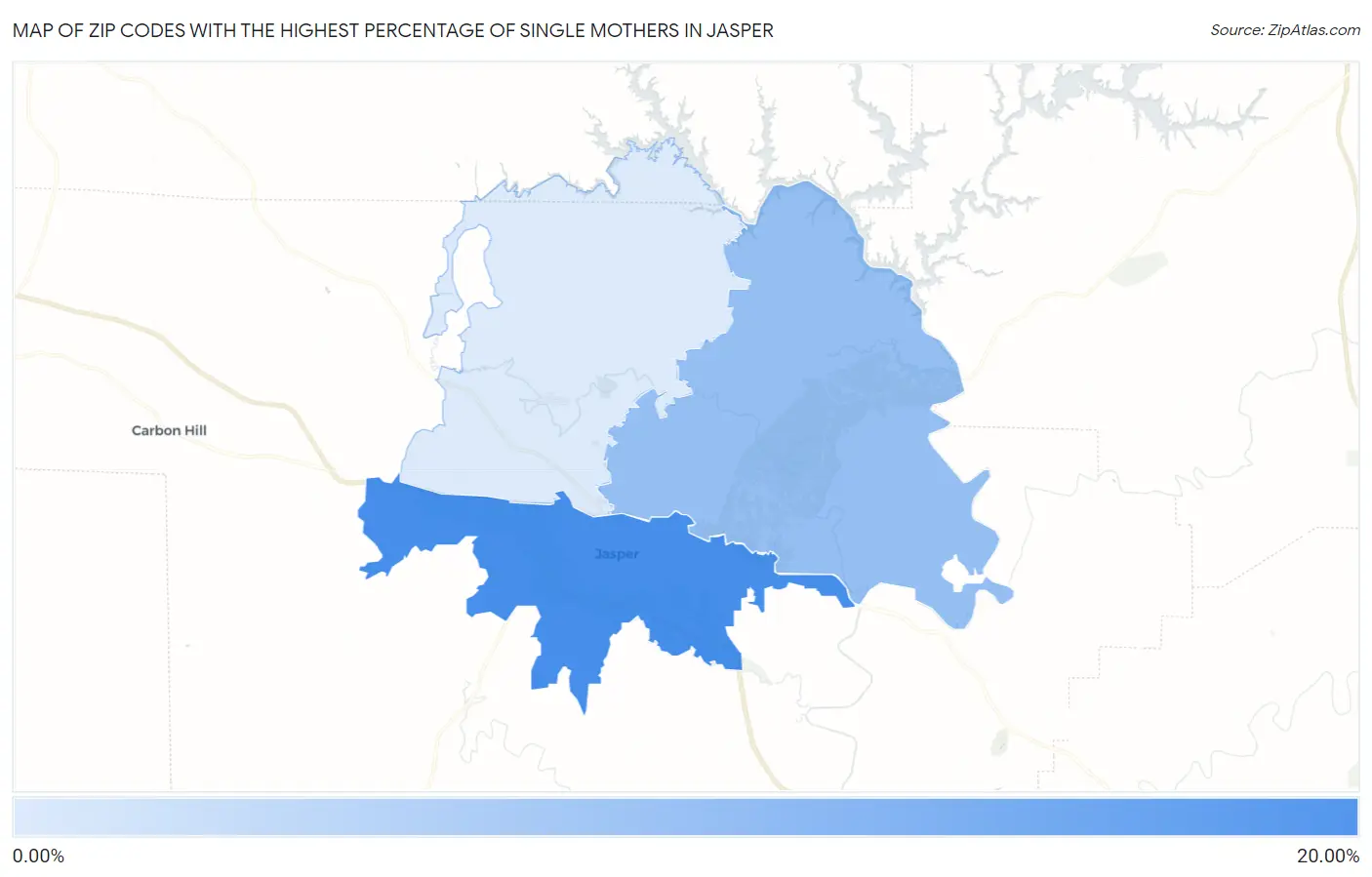 Zip Codes with the Highest Percentage of Single Mothers in Jasper Map