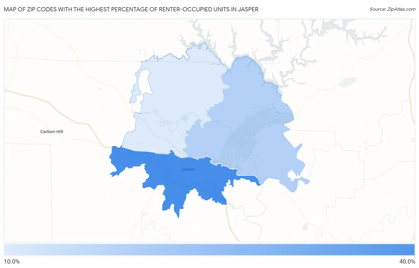 Zip Codes with the Highest Percentage of Renter-Occupied Units in Jasper Map