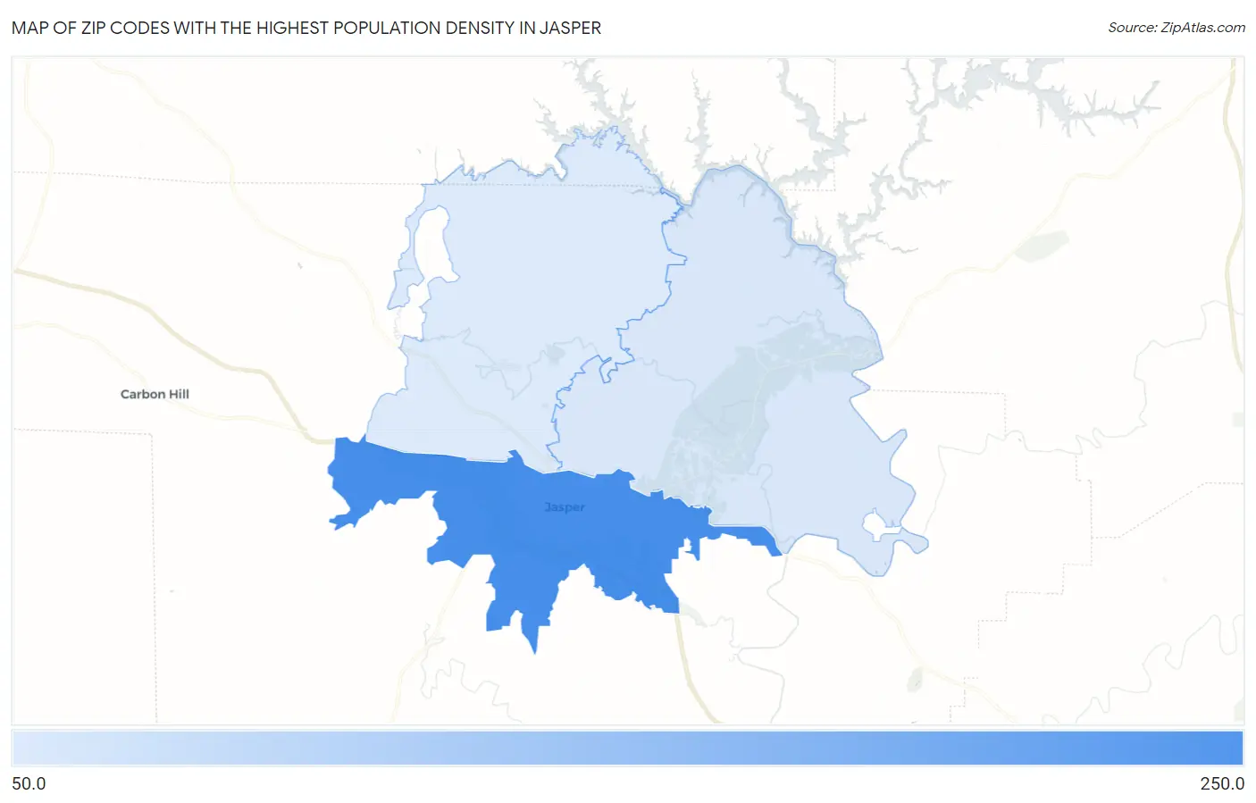 Zip Codes with the Highest Population Density in Jasper Map