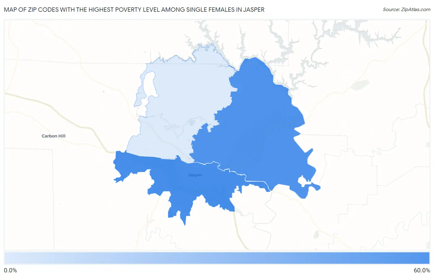 Zip Codes with the Highest Poverty Level Among Single Females in Jasper Map