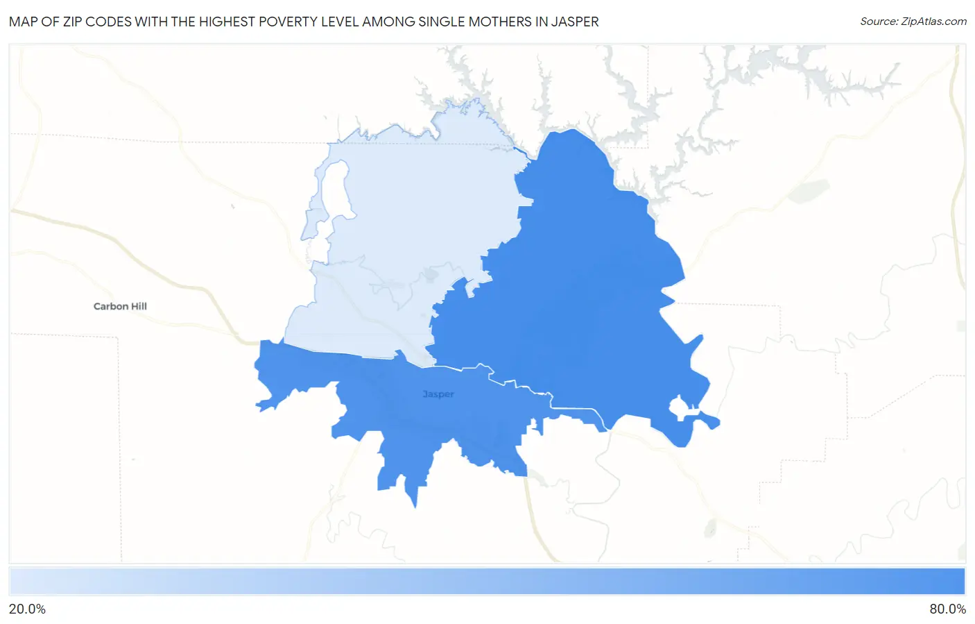 Zip Codes with the Highest Poverty Level Among Single Mothers in Jasper Map