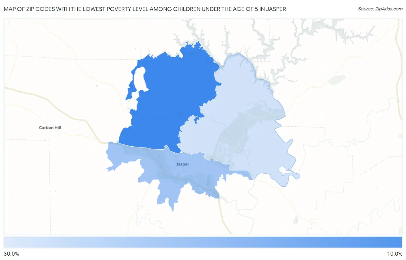 Zip Codes with the Lowest Poverty Level Among Children Under the Age of 5 in Jasper Map