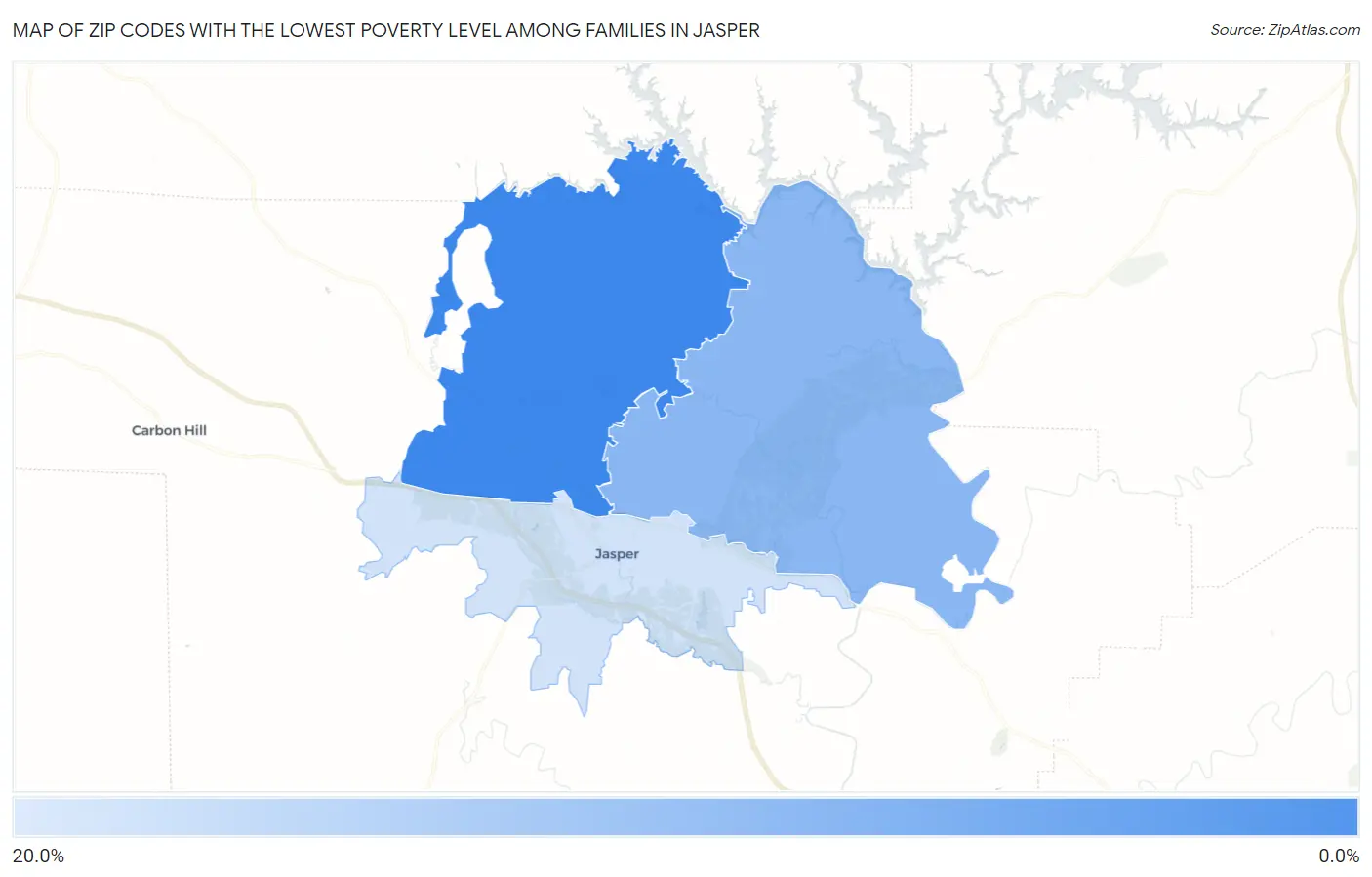 Zip Codes with the Lowest Poverty Level Among Families in Jasper Map