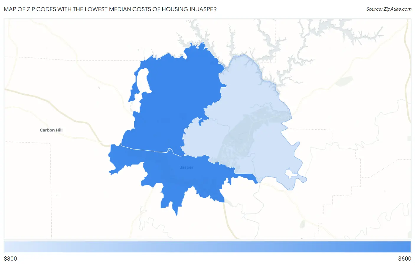 Zip Codes with the Lowest Median Costs of Housing in Jasper Map