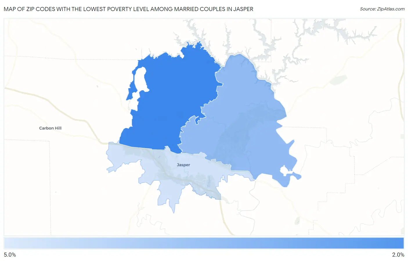Zip Codes with the Lowest Poverty Level Among Married Couples in Jasper Map