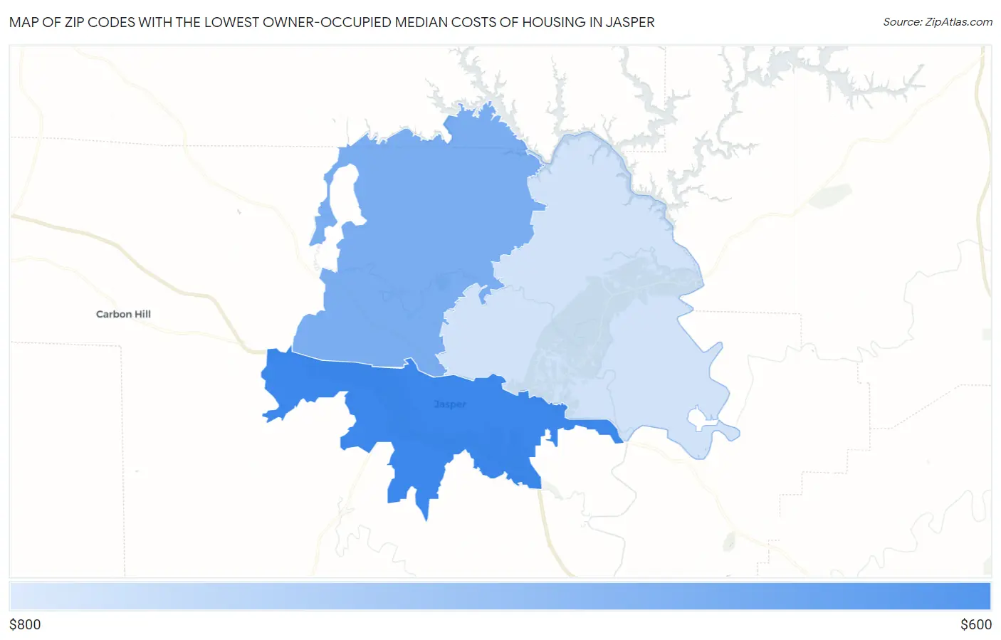 Zip Codes with the Lowest Owner-Occupied Median Costs of Housing in Jasper Map