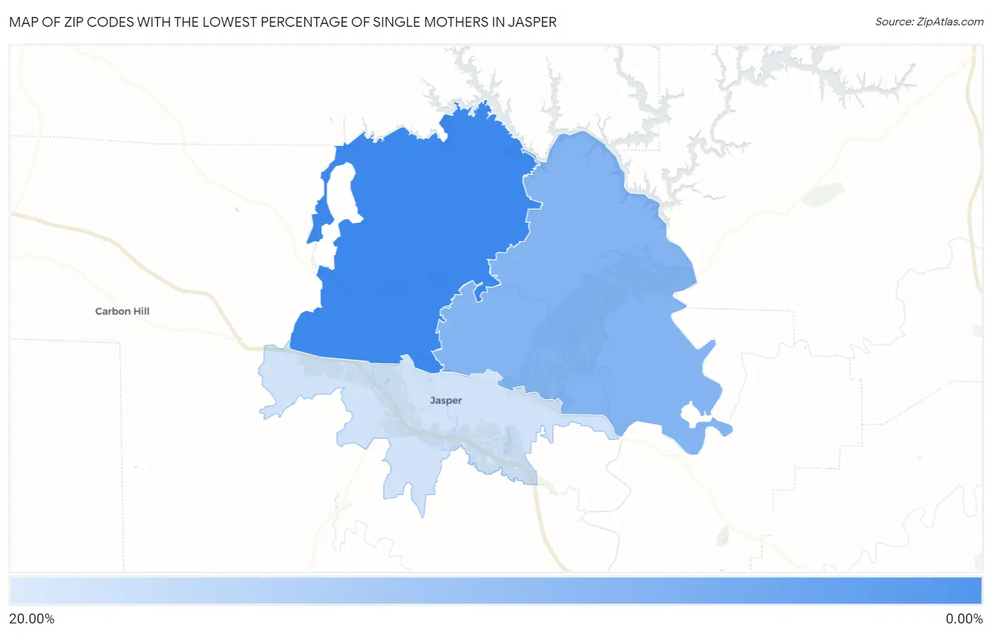 Zip Codes with the Lowest Percentage of Single Mothers in Jasper Map