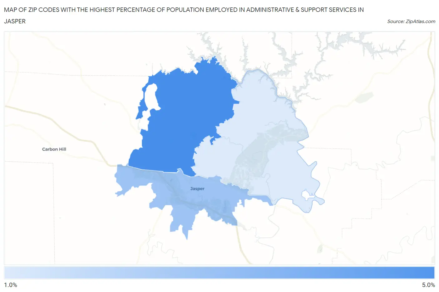 Zip Codes with the Highest Percentage of Population Employed in Administrative & Support Services in Jasper Map