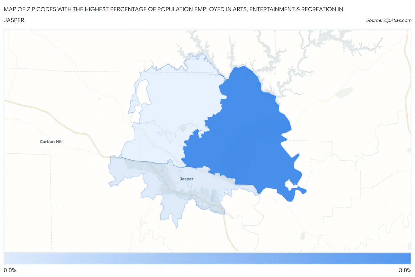 Zip Codes with the Highest Percentage of Population Employed in Arts, Entertainment & Recreation in Jasper Map