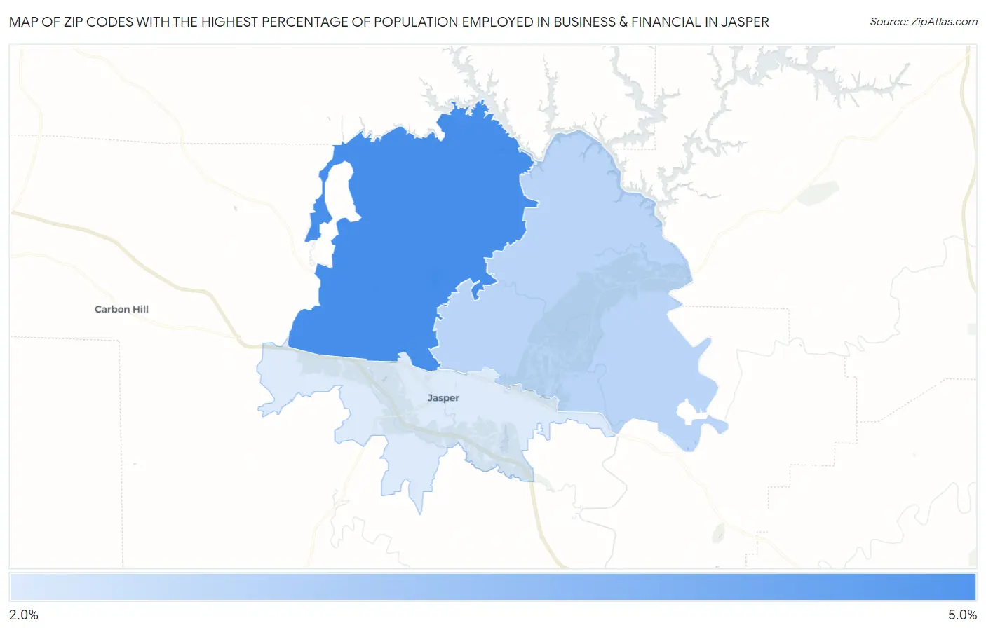 Zip Codes with the Highest Percentage of Population Employed in Business & Financial in Jasper Map