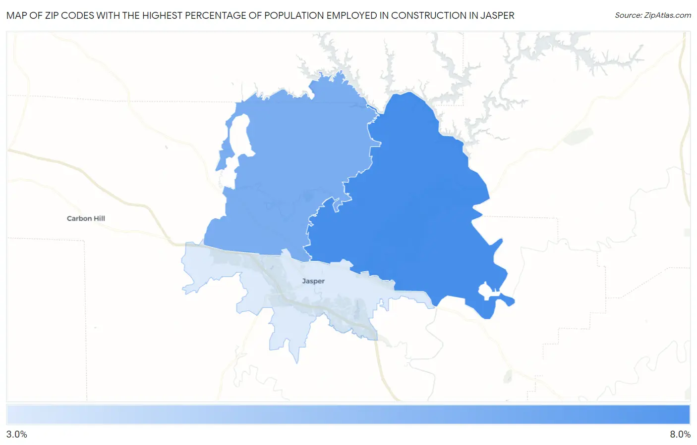 Zip Codes with the Highest Percentage of Population Employed in Construction in Jasper Map