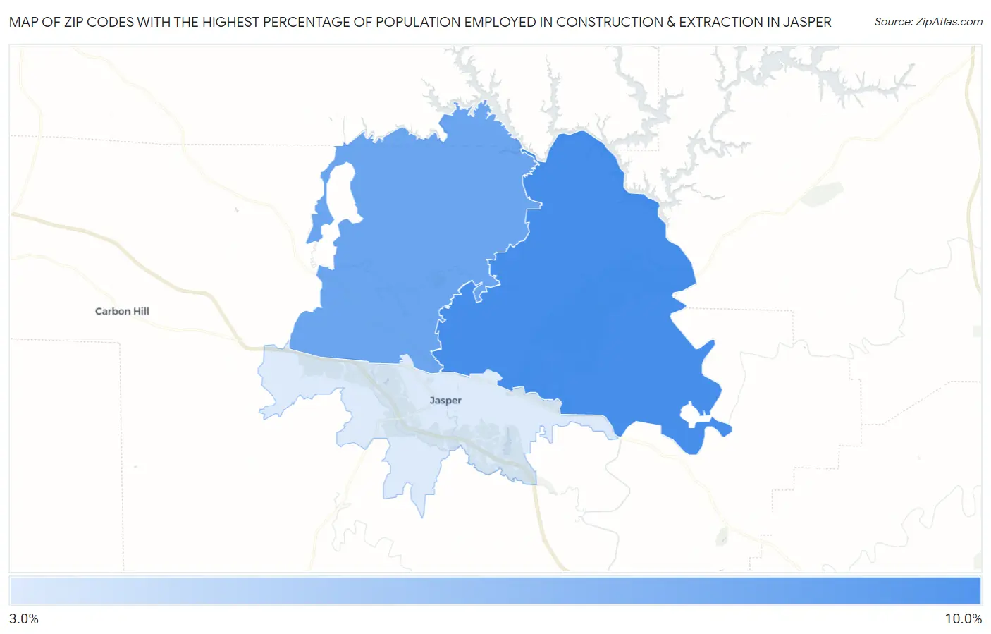 Zip Codes with the Highest Percentage of Population Employed in Construction & Extraction in Jasper Map